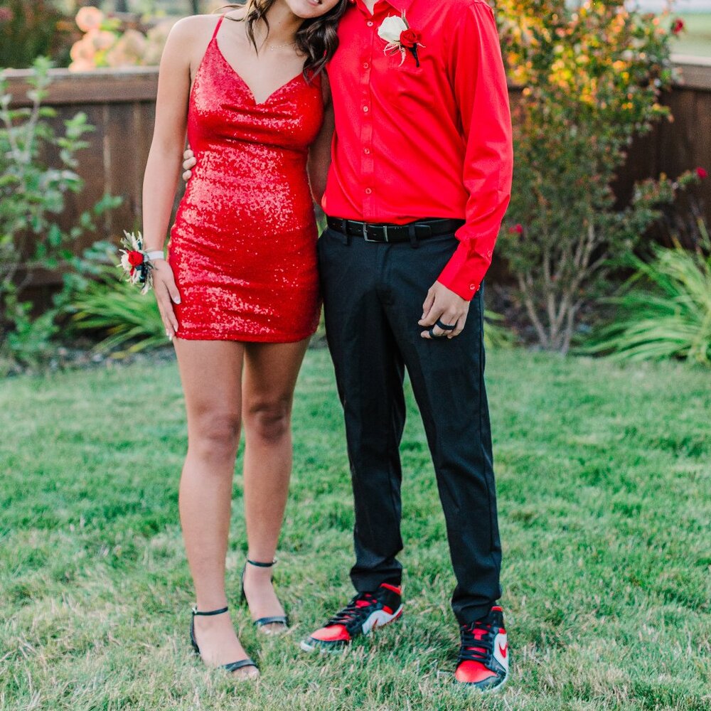 Cowl neck body-con sparkly red mini dress